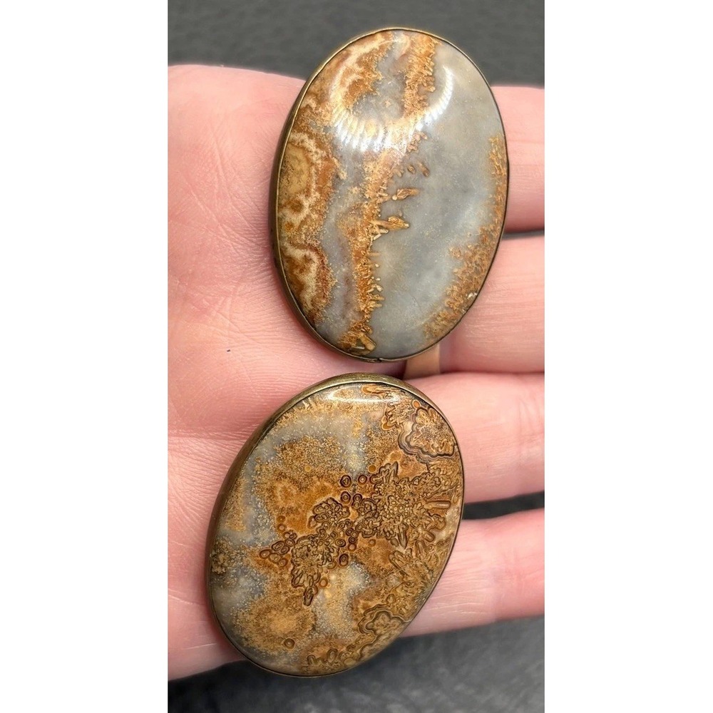 VTG Lace Agate Huge Oval Cabochon Bezel Gemstone Bronze Tone Clip On Earrings